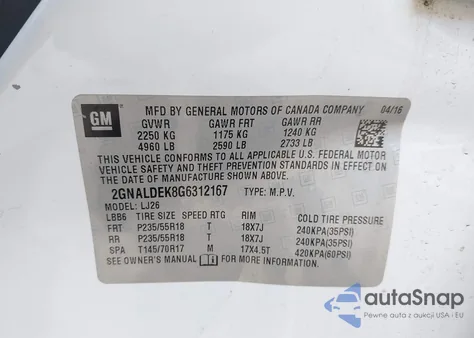 2016 Chevrolet Equinox Ltz z USA, uszkodzony, nr VIN 2GNALDEK8G6312167